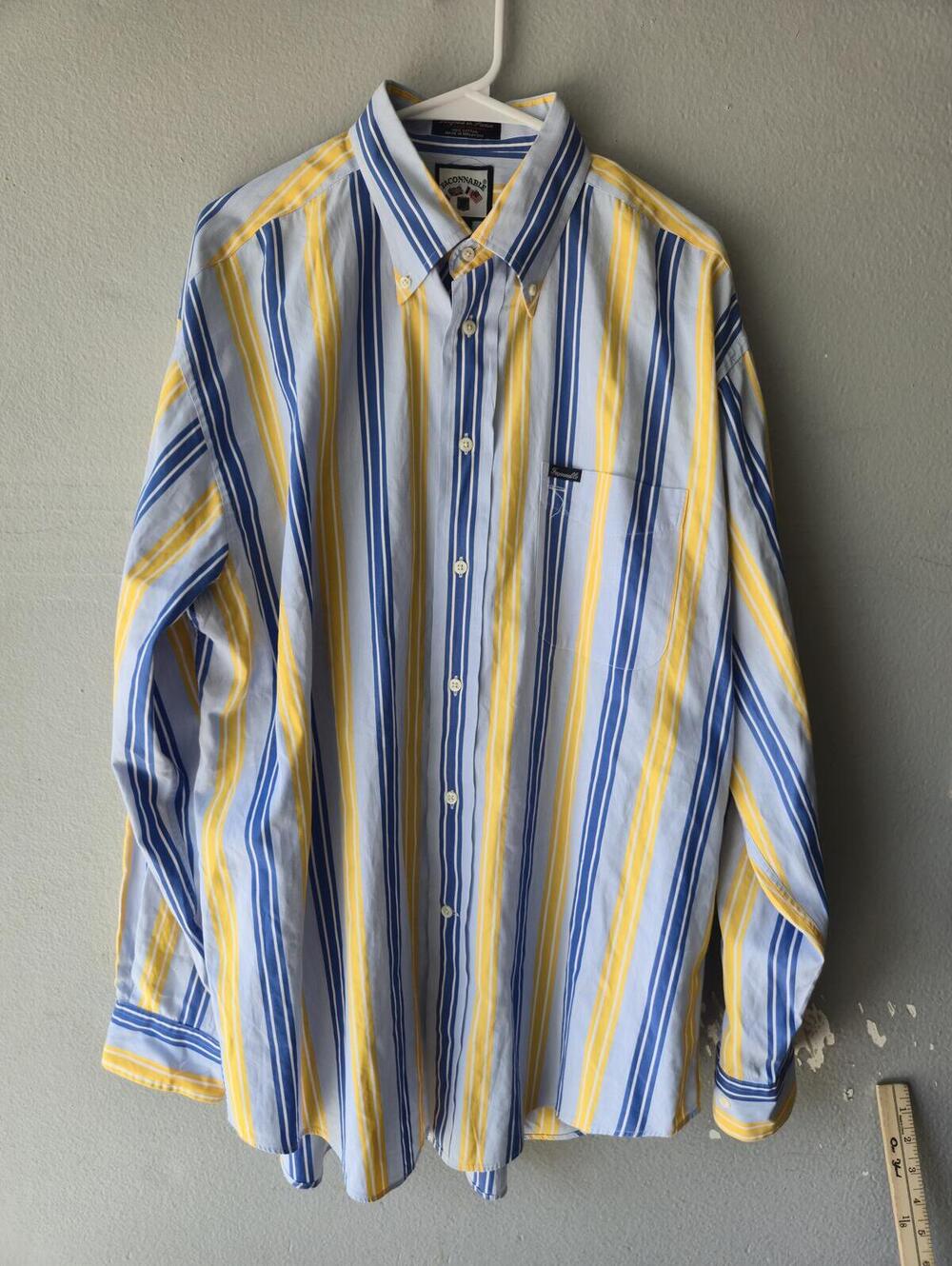 Faconnable XL Striped Button-Down Shirt in Blue and Yellow
